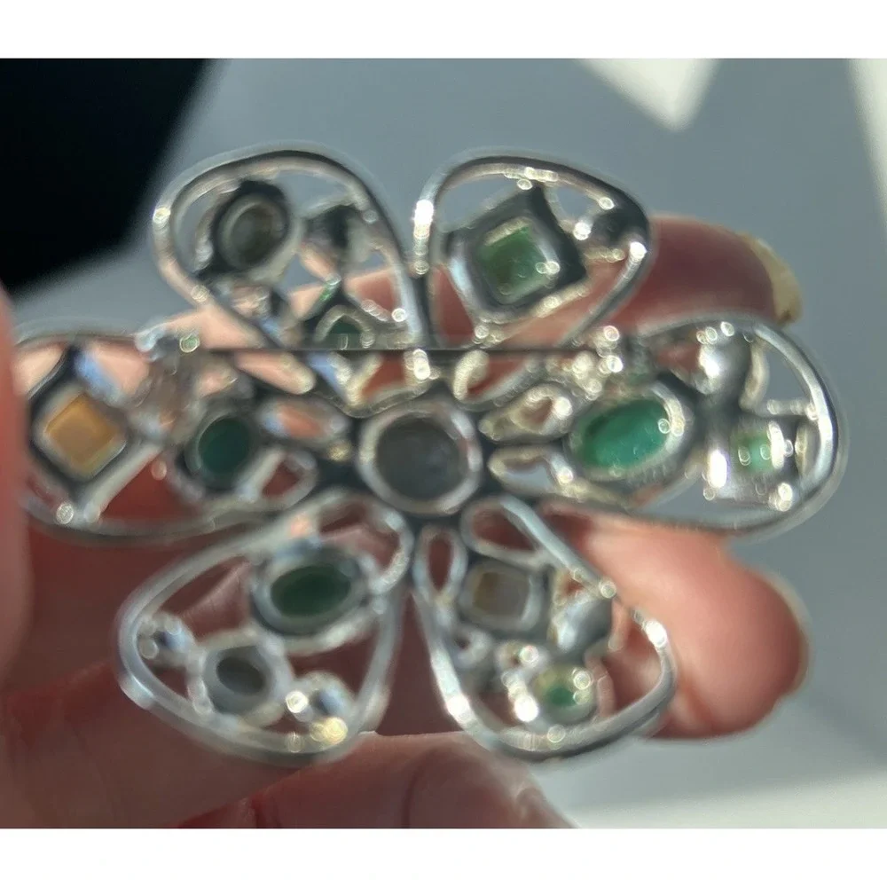 Vintage Flower Outline Blue Green Rhinestones /Cabochons  Silver Brooch classic
